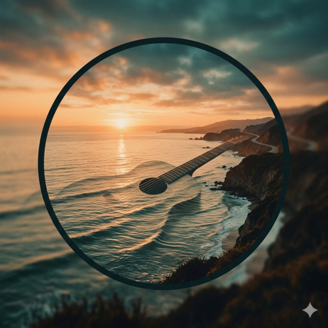 A guitar silhouette blending into ocean waves beside a winding coastal road at sunset